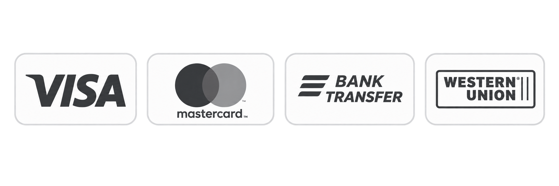 Visa, Mastercard, Bank Transfer, and Western Union payment logos. 4 options for paying.